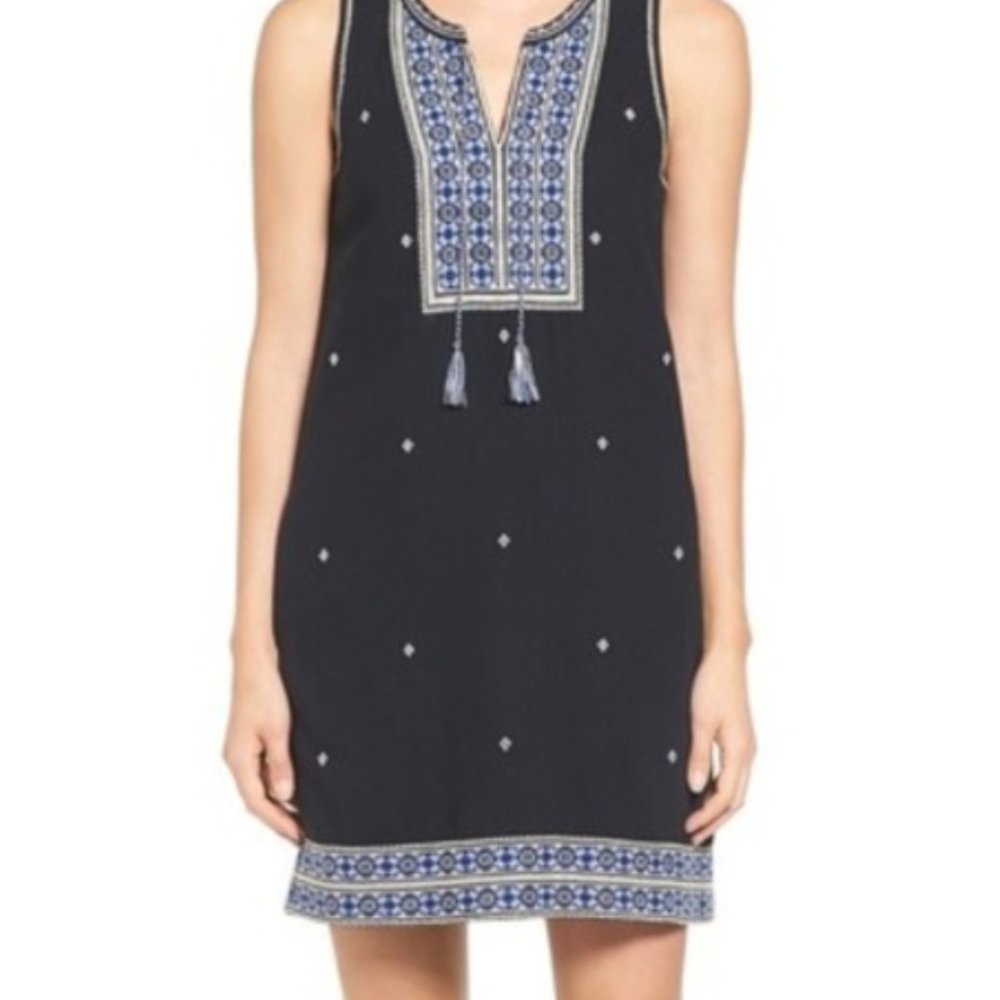 Blue, white, and black embroidered tassel dress